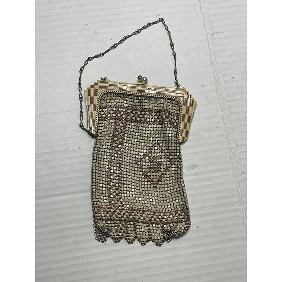 Antique 1920s Whiting and Davis Art Deco Enamel Mesh Purse Flapper Bag Tan Cream - Picture 2 of 7